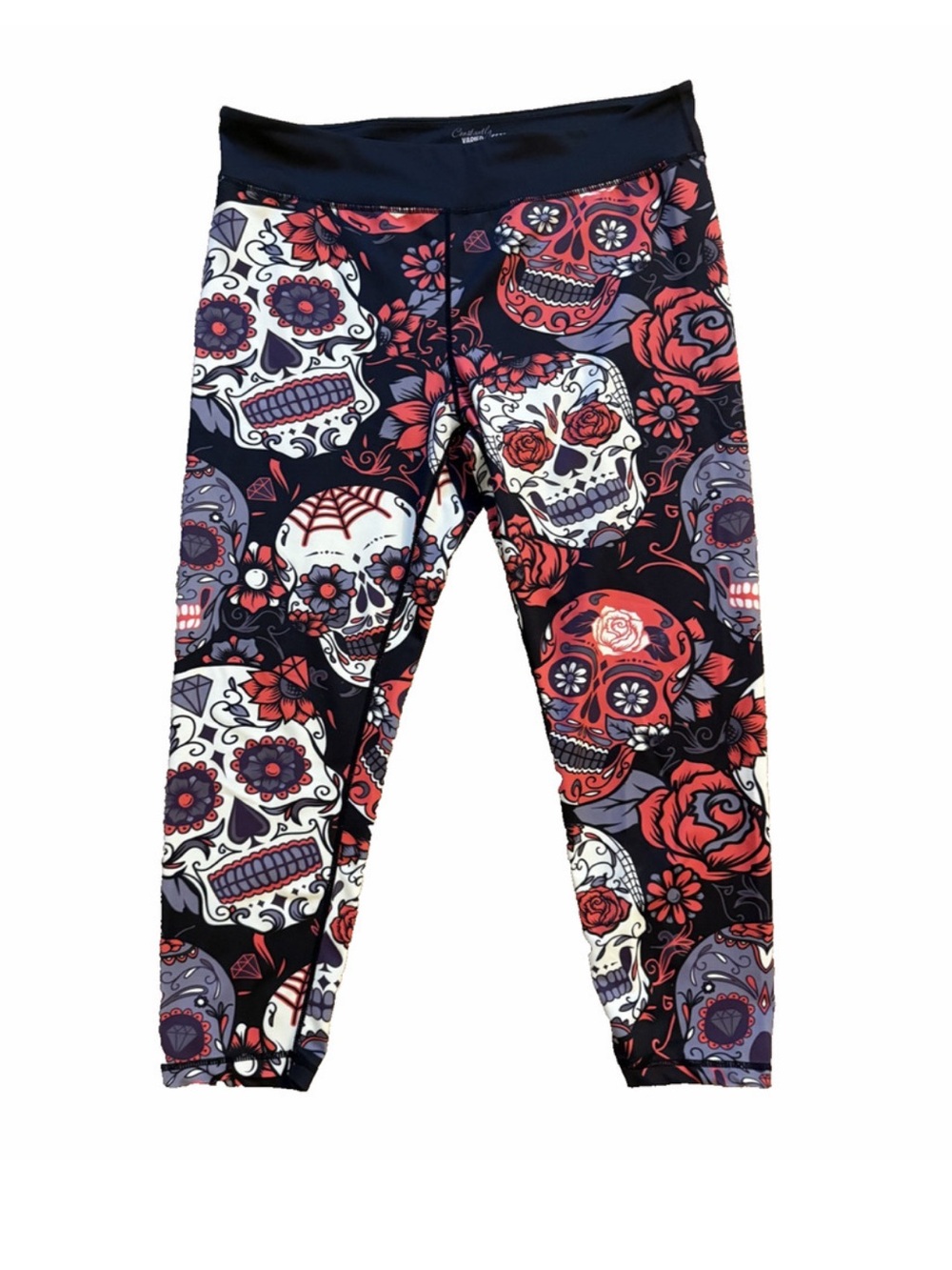Constantly Varied Gear Black Cropped Leggings with Red & Cream Sugar Skull Print - Picture 2 of 4